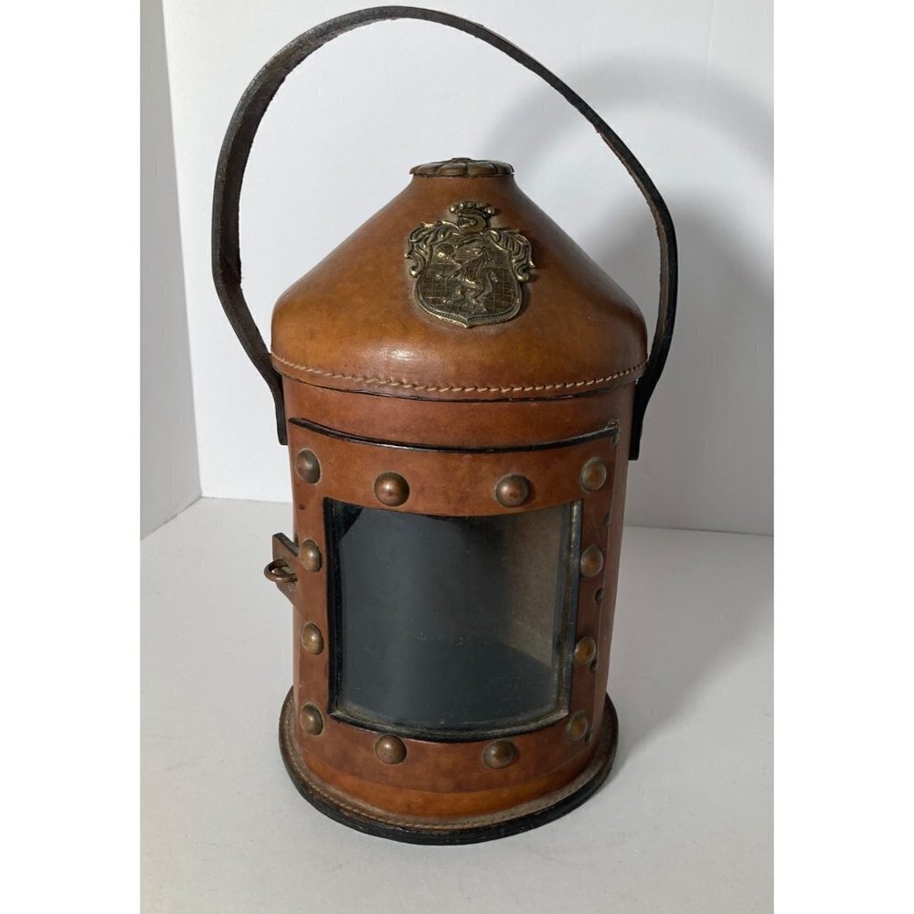 Vintage Handmade Portable Leather Candle Lantern Handle Door Vent Brown 5.5 x 11